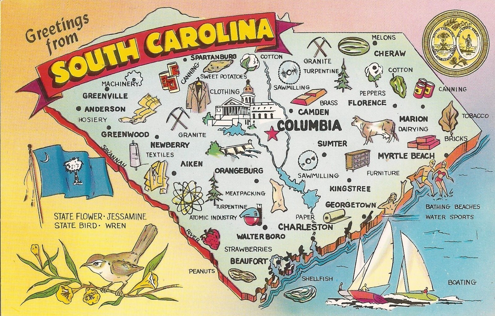 South Carolina MAP - Industries, Agriculture, State Flag & Seal, Bird & Flower