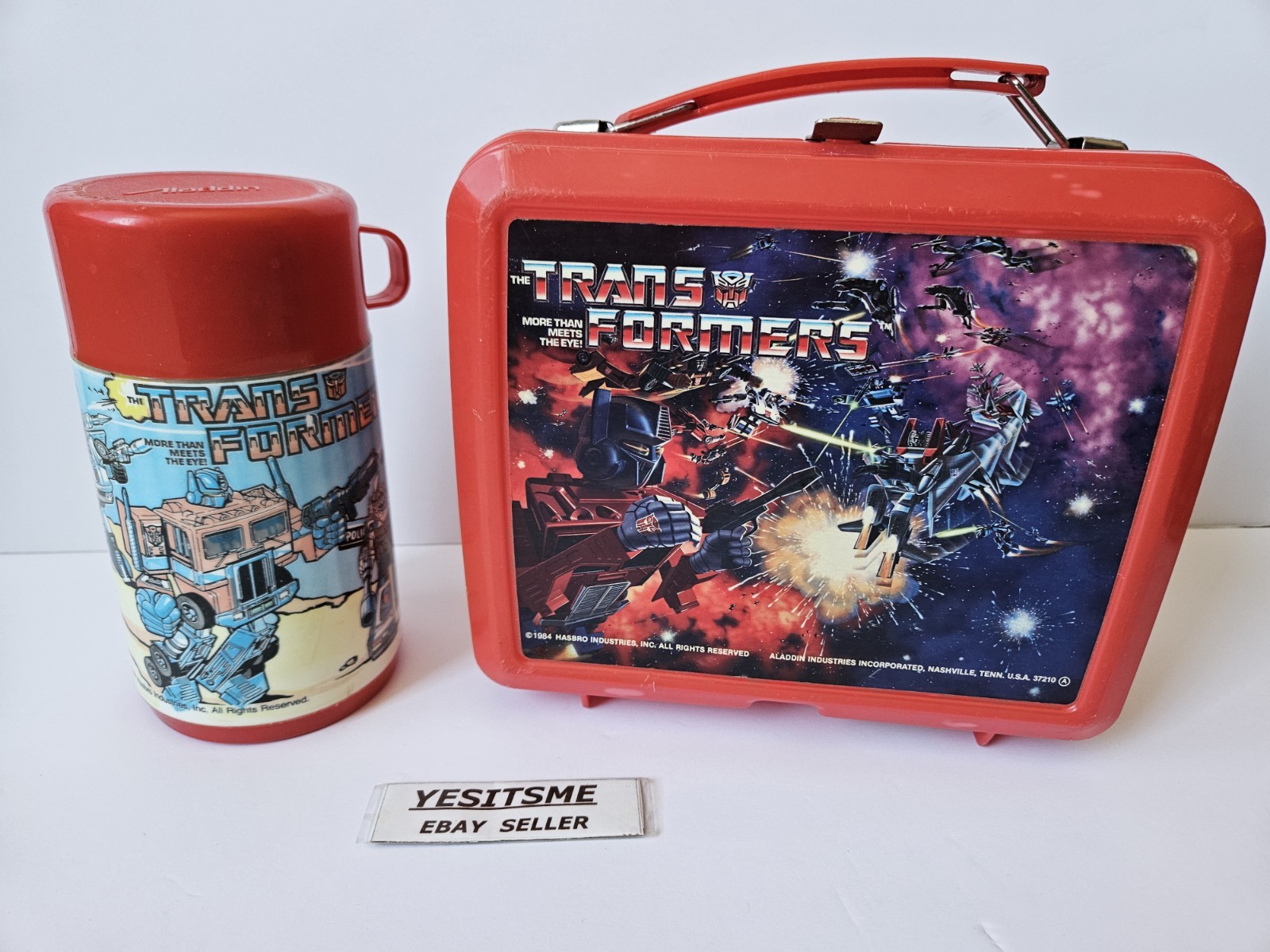 Vintage 1984 Aladdin Hasbro Transformers Plastic Red Lunch Box with Thermos 