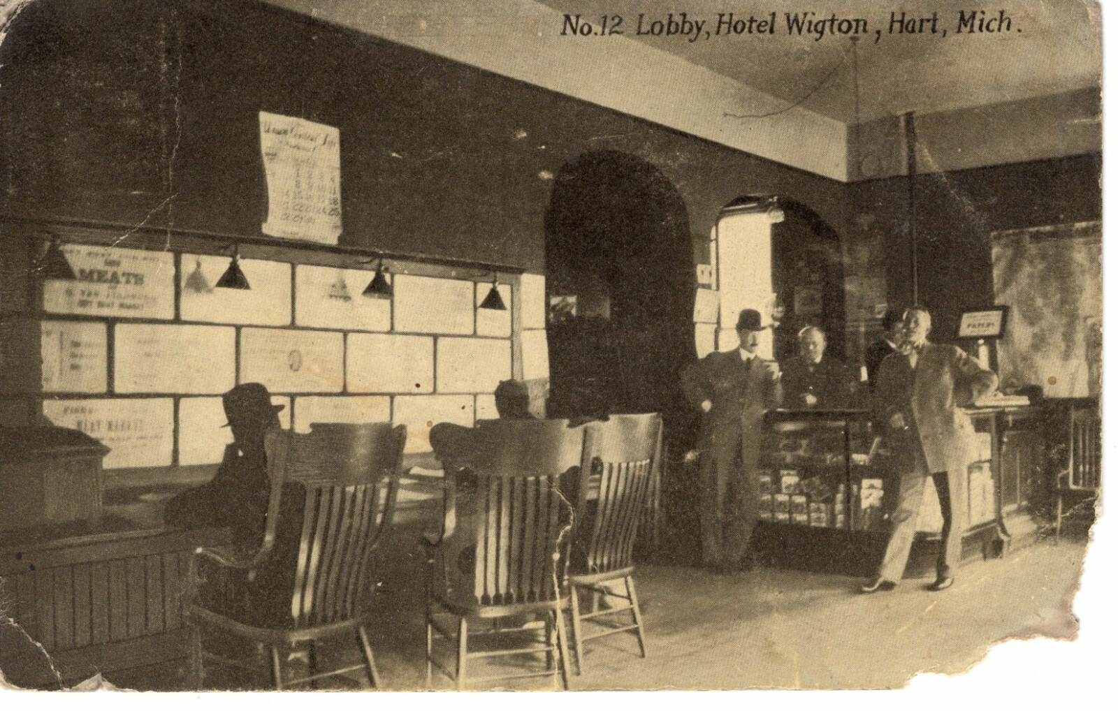 Vintage Postcard MI Hart Lobby Hotel Wigton Men c1910 -1106