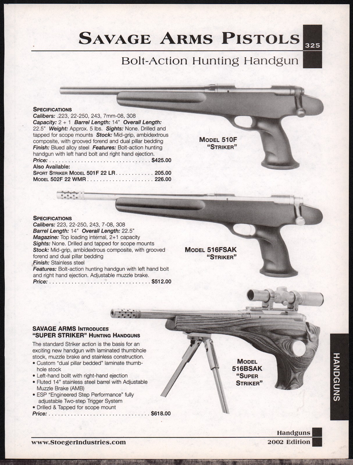 2002 SAVAGE Model 510F Striker, 516FSAK, 516BSAK Pistol AD