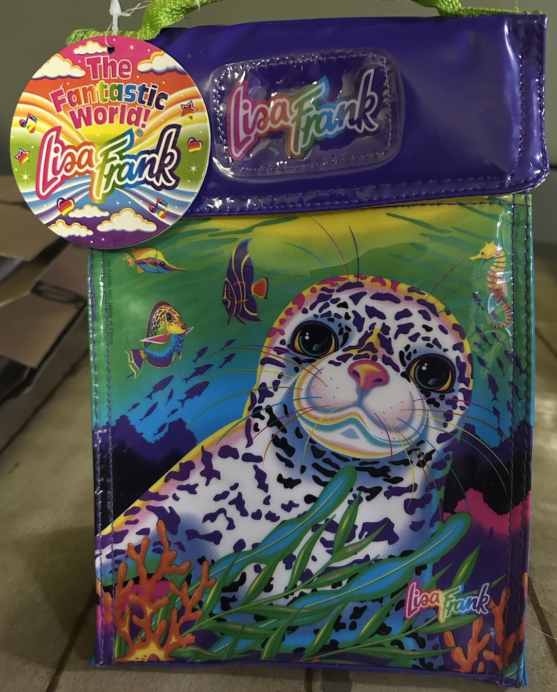 Vintage Lisa Frank White Leopard Seal Pup Ocean Scene Lunch Bag Purple Blue HTF