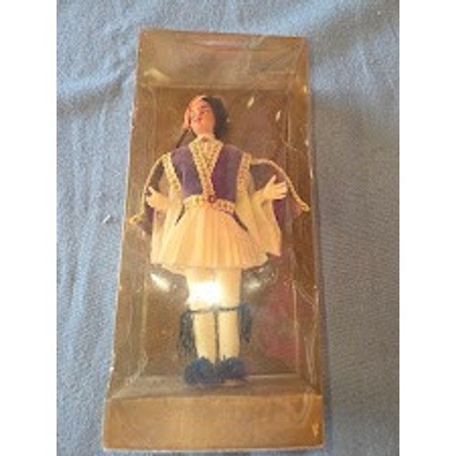 Vintage Greek Evzone Doll Traditional Folk Costume Souvenir Purple White 7 Inch