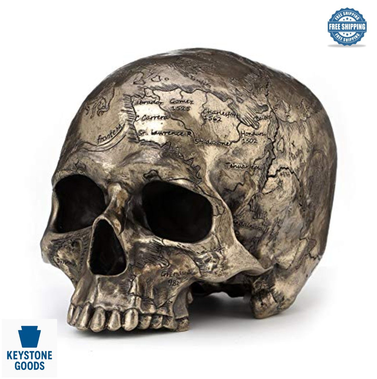 Skull Statue Bronze Finish Pirate Treasure Map Vintage Resin Decor Home