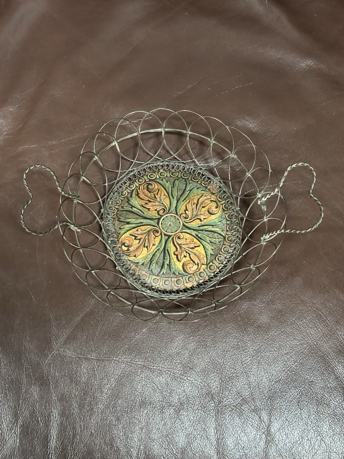 Antique  Wire Ware Basket From The Late 19th Century With Cardboard Center