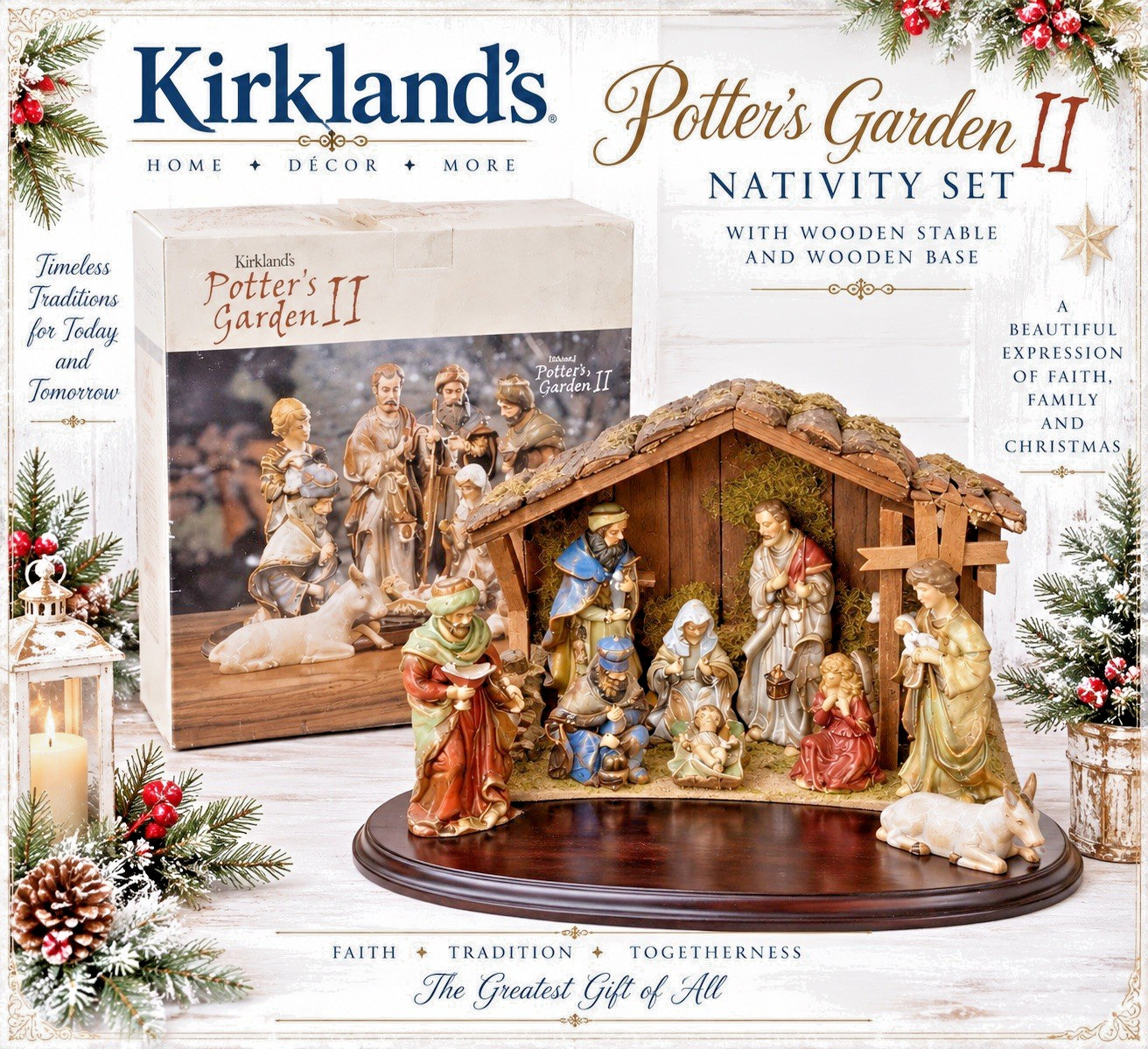 Vintage (10) Piece Fine Porcelain Nativity Set W/Wooden Stable & Wooden Base