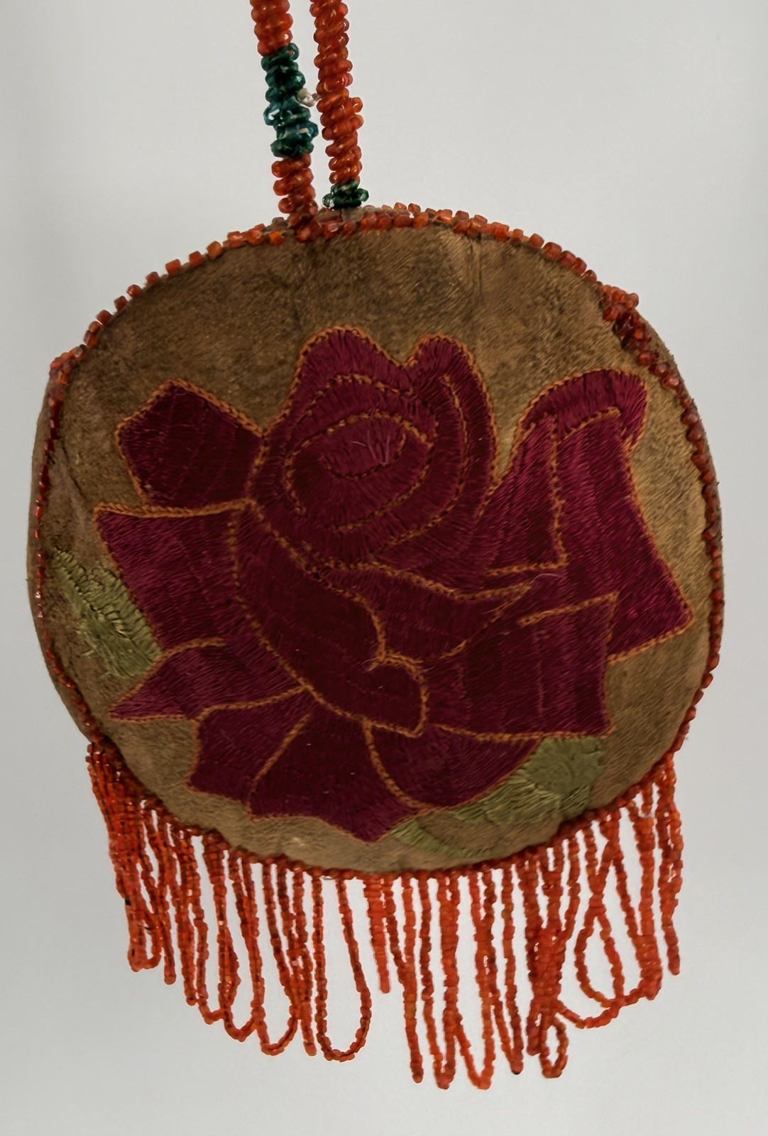 Vintage Reversible Native American Style Beaded Buckskin 5” Round Rose Pouch