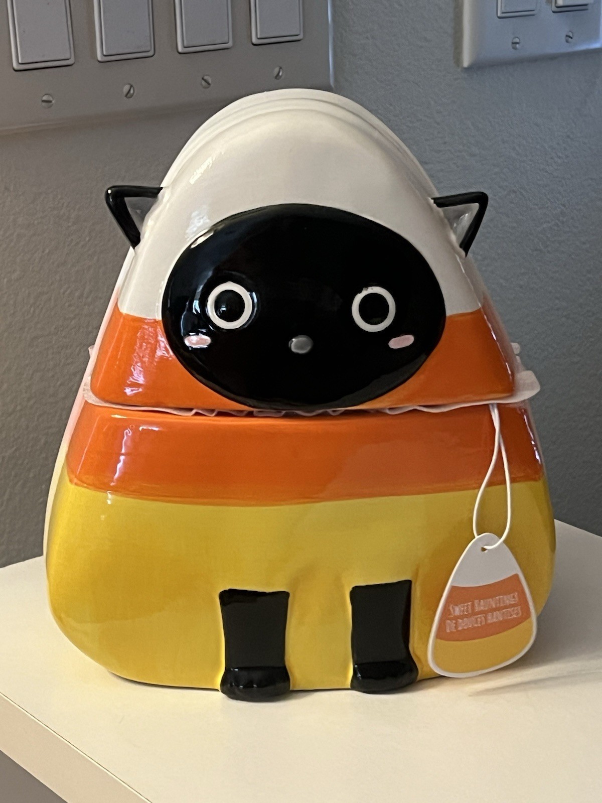 Candy Corn Cat Canister Ceramic Hand Painted Cute Halloween Decor NEW 9x8 inches