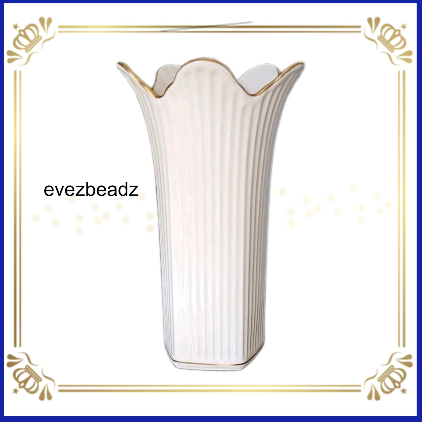 EvezBeadz Lenox Meridian Vase Ivory Gold Trim Ribbed Fluted Tulip Scalloped Deco