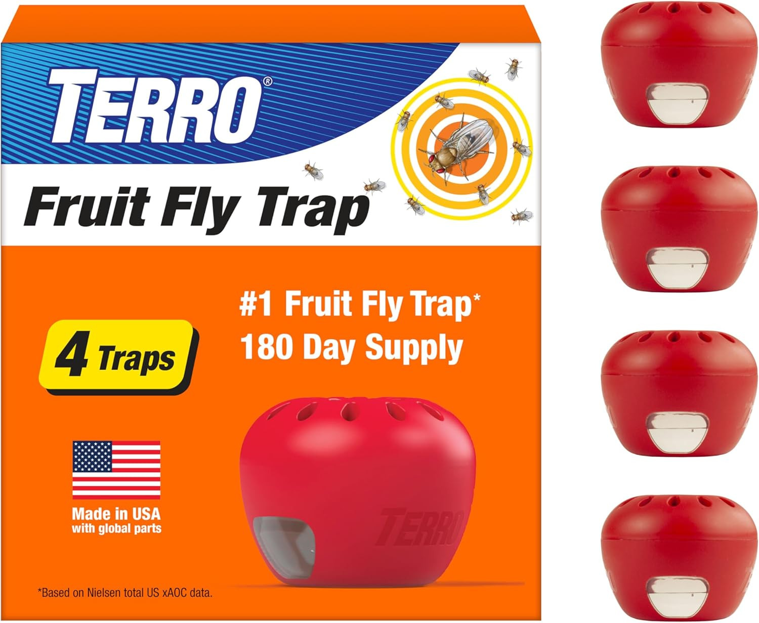 Fruit Fly Trap 4-Pack, 180 Day Lure Supply, Food-Based Lure