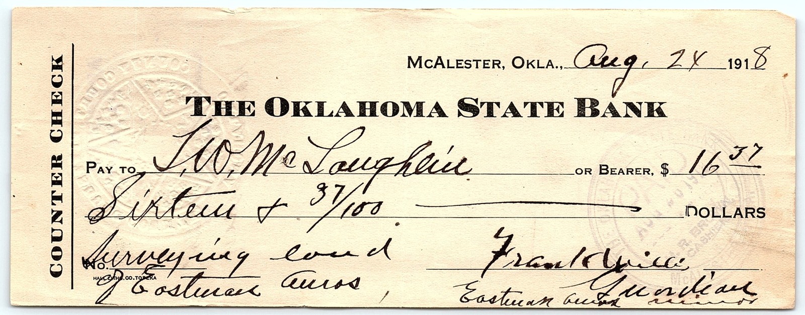 1918 Oklahoma State Bank McAlester Counter Check