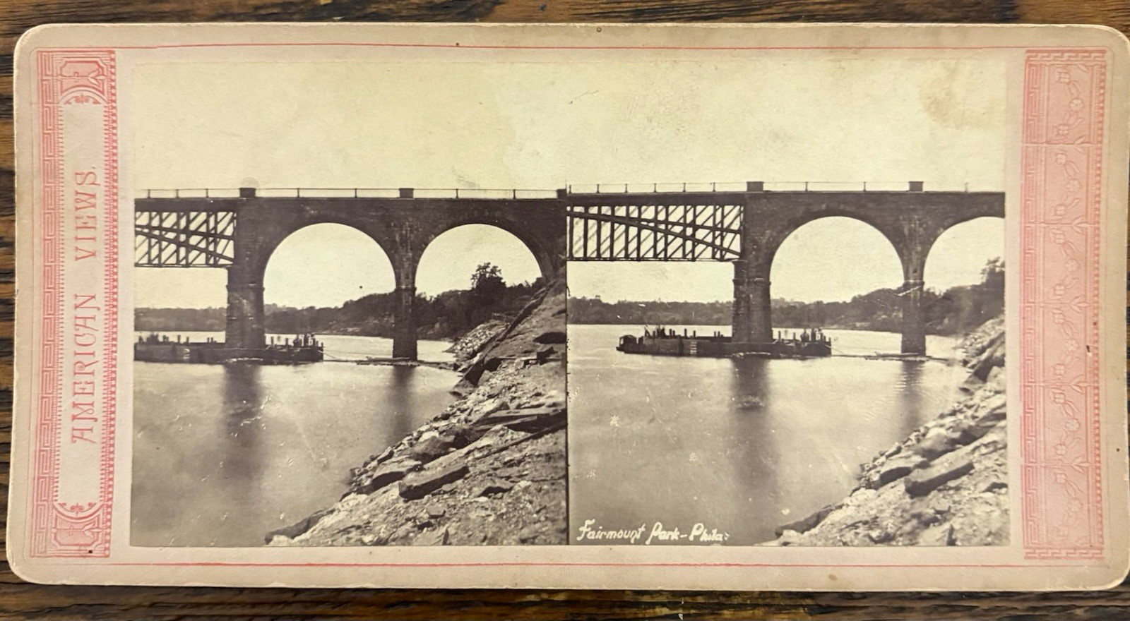 Antique Stereoview Card, Railroad Viaduct, Fairmount Park, Philadelphia