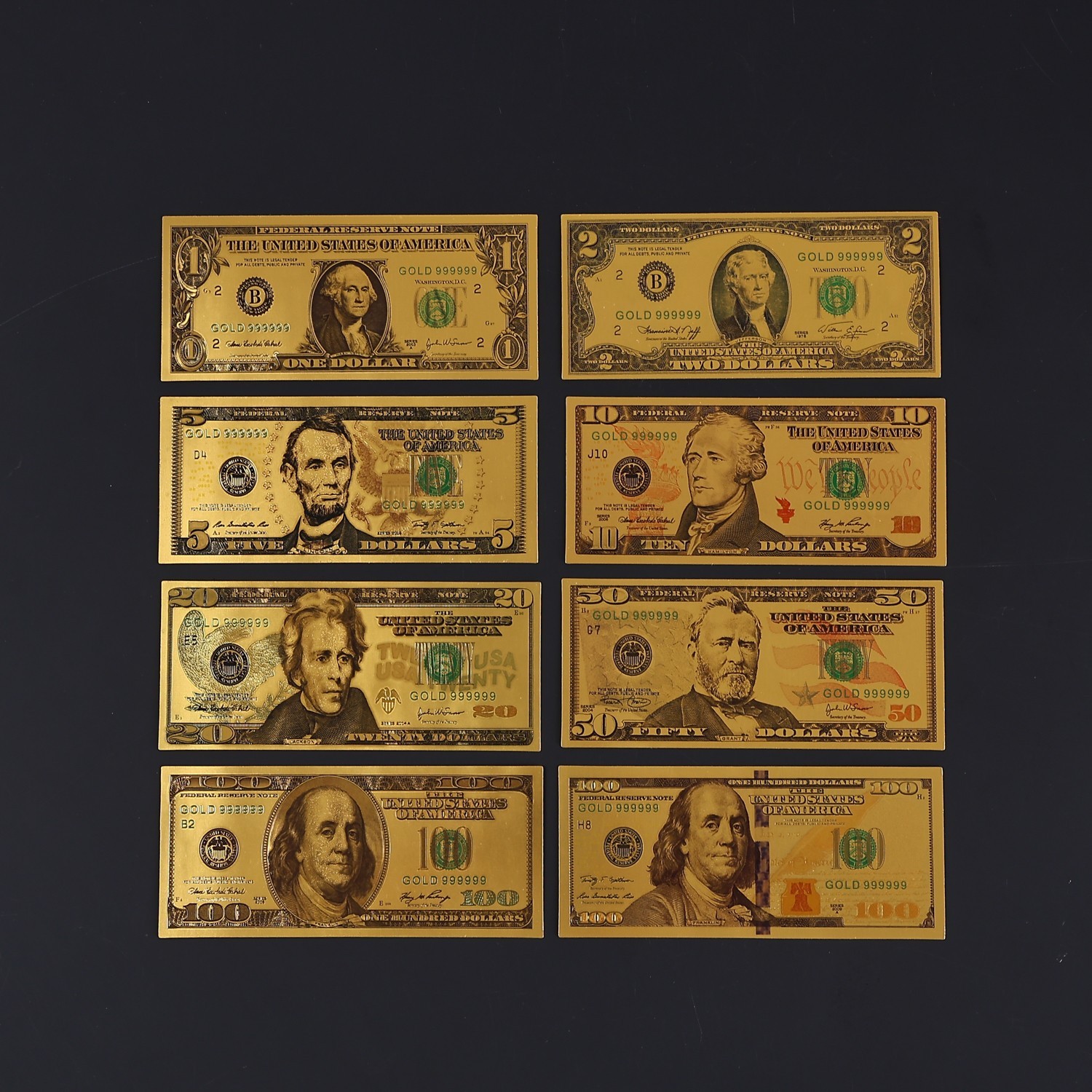 SET, US $1, $2, $5, $10, $20, $50 & $100, 8Pcs GOLD FOIL Banknote Bill, UNC