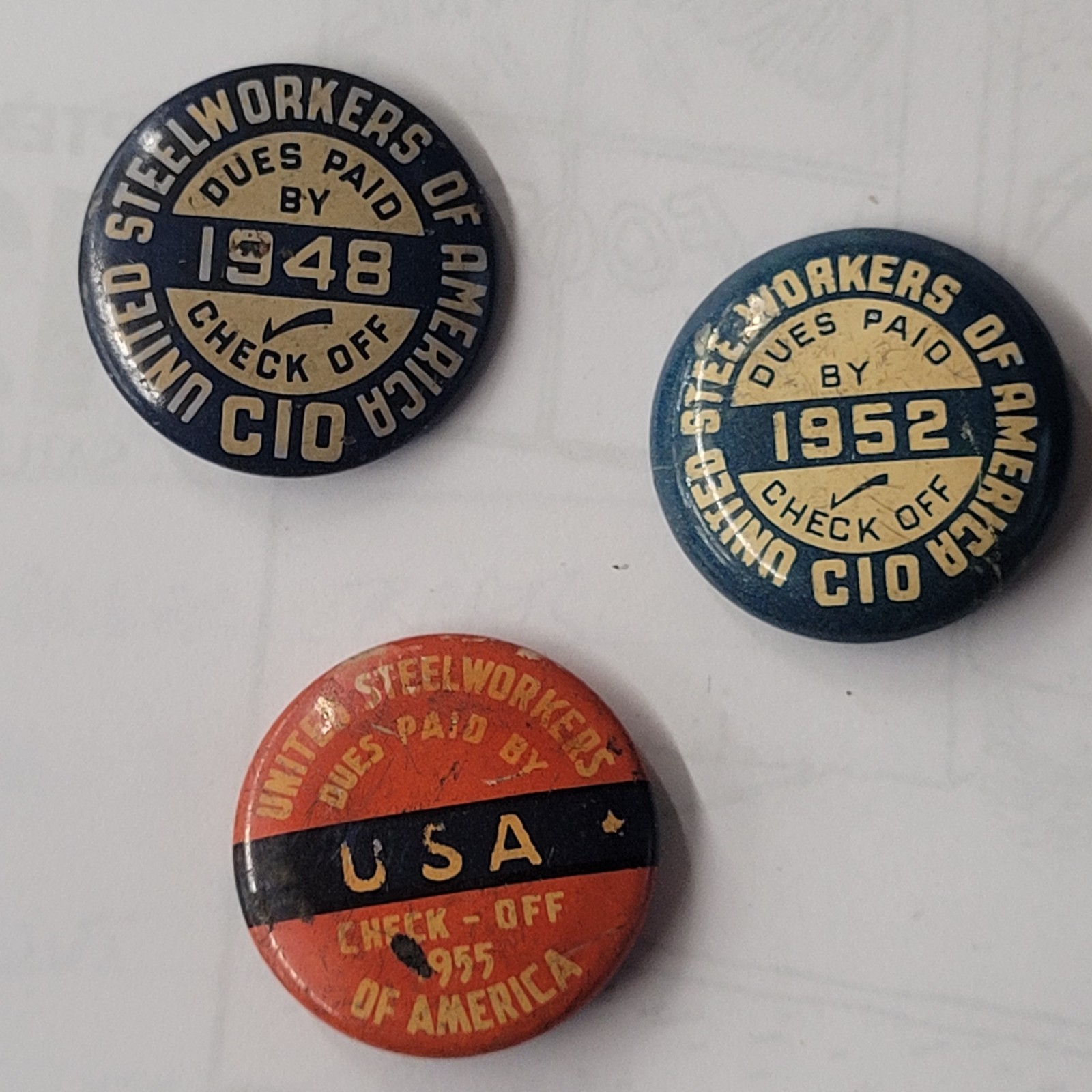 3 Vintage UNITED STEEL WORKERS OF AMERICA UNION Lapel Pins (3), 1948, 1952, 1955