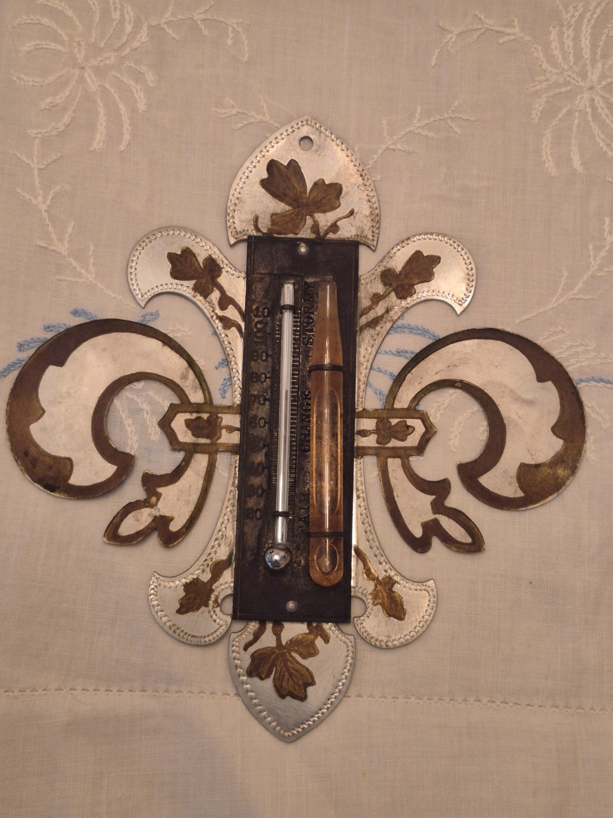 Antique Metal  Wall Thermometer  Unique Design Handpainted Accents c.1890s-1900s