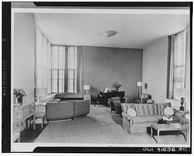 Photo:1940s Modern Living Room Piano Interior Large Windows Furniture