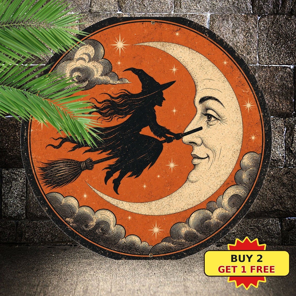 Halloween Witch Flying On Broomstick Round Tin Sign Red Black Spooky Wall Decor