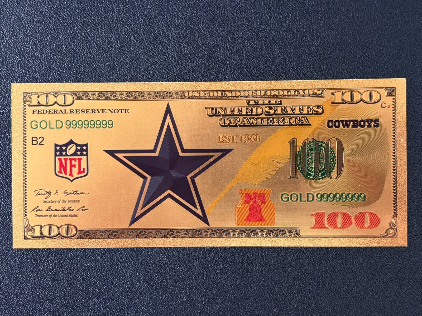 Dallas Cowboys Gold Foil Plated Novelty Football Team Banknote Collectible