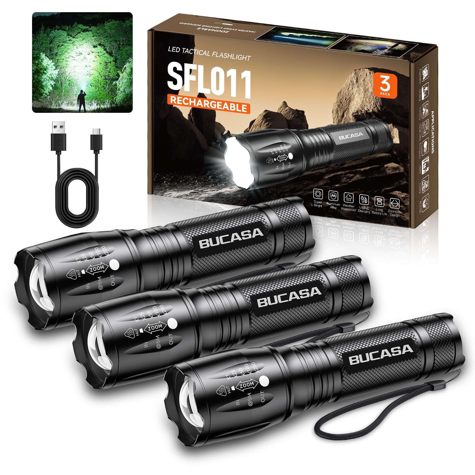 BUCASA Rechargeable Flashlights High Lumens 3 Pack, Brighter 3 Black