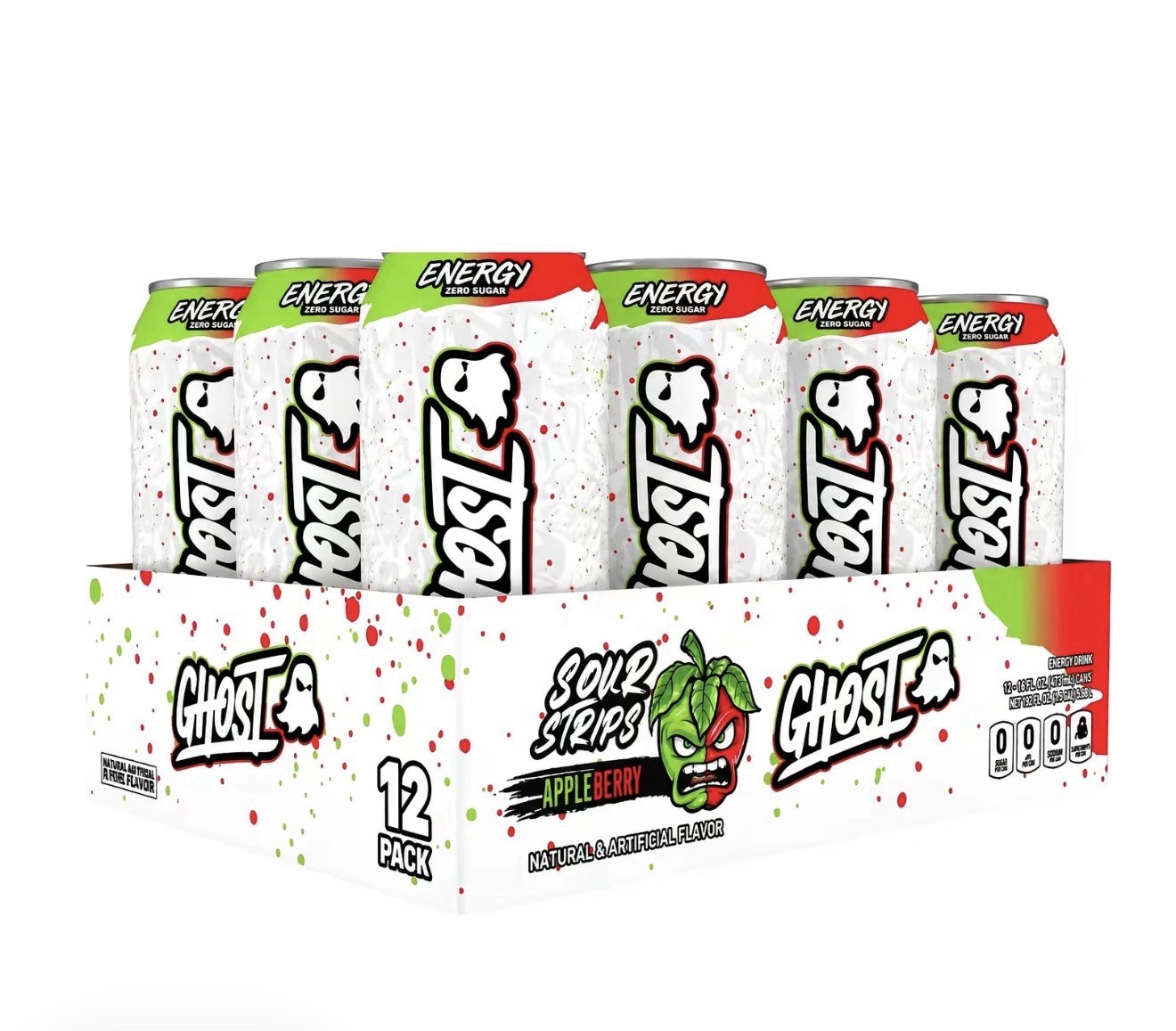 Ghost Energy Drink Sour Strips Apple Berry 16 Oz 12 Pack