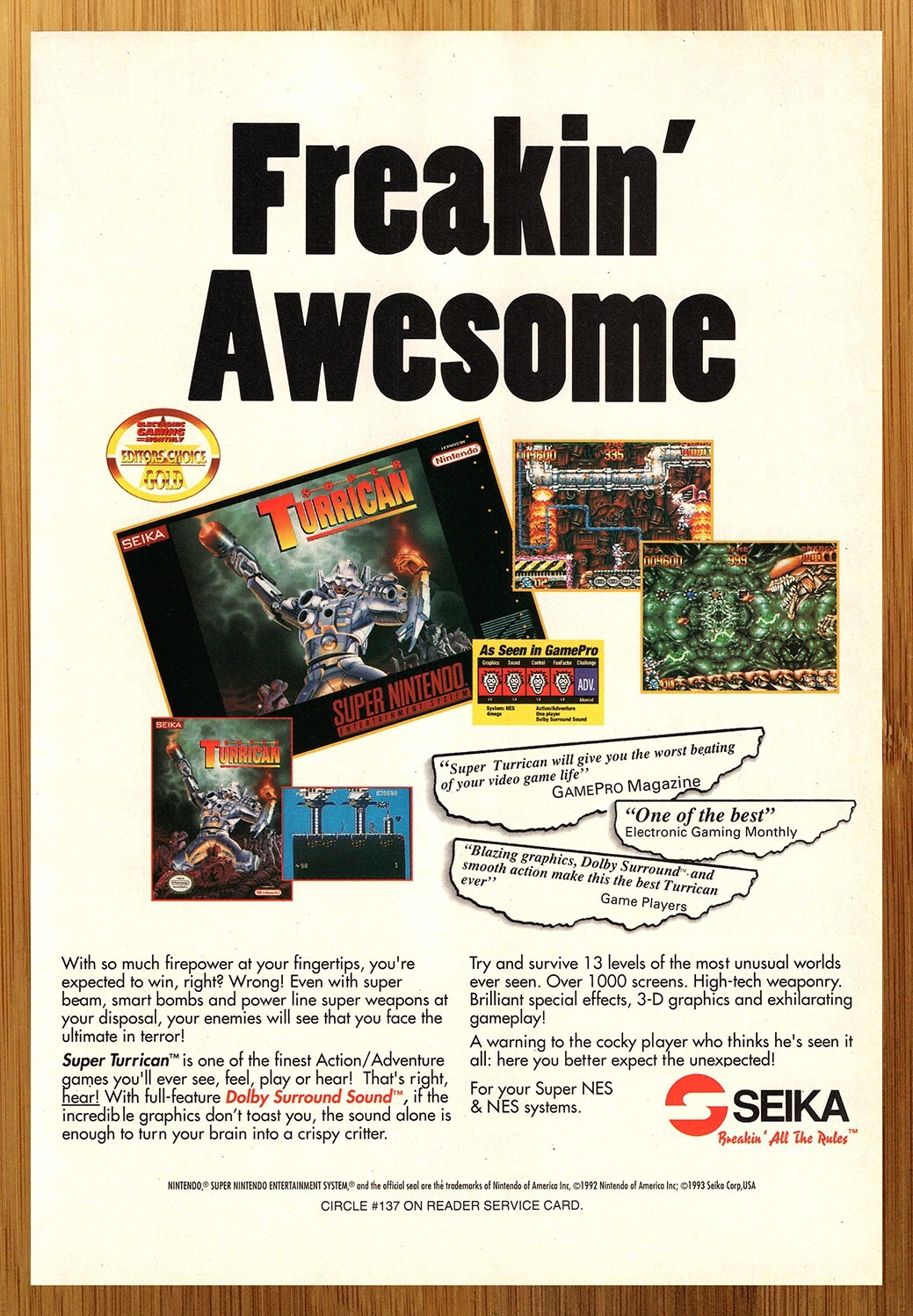 1993 Super Turrican SNES Super Nintendo Print Ad/Poster Official Video Game Art