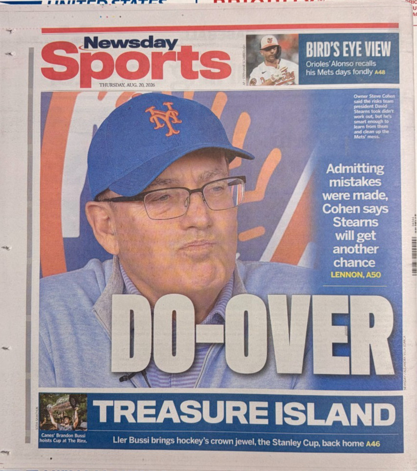 Steve Cohen New York Mets D0 OVER NY Newsday 8/20/2026