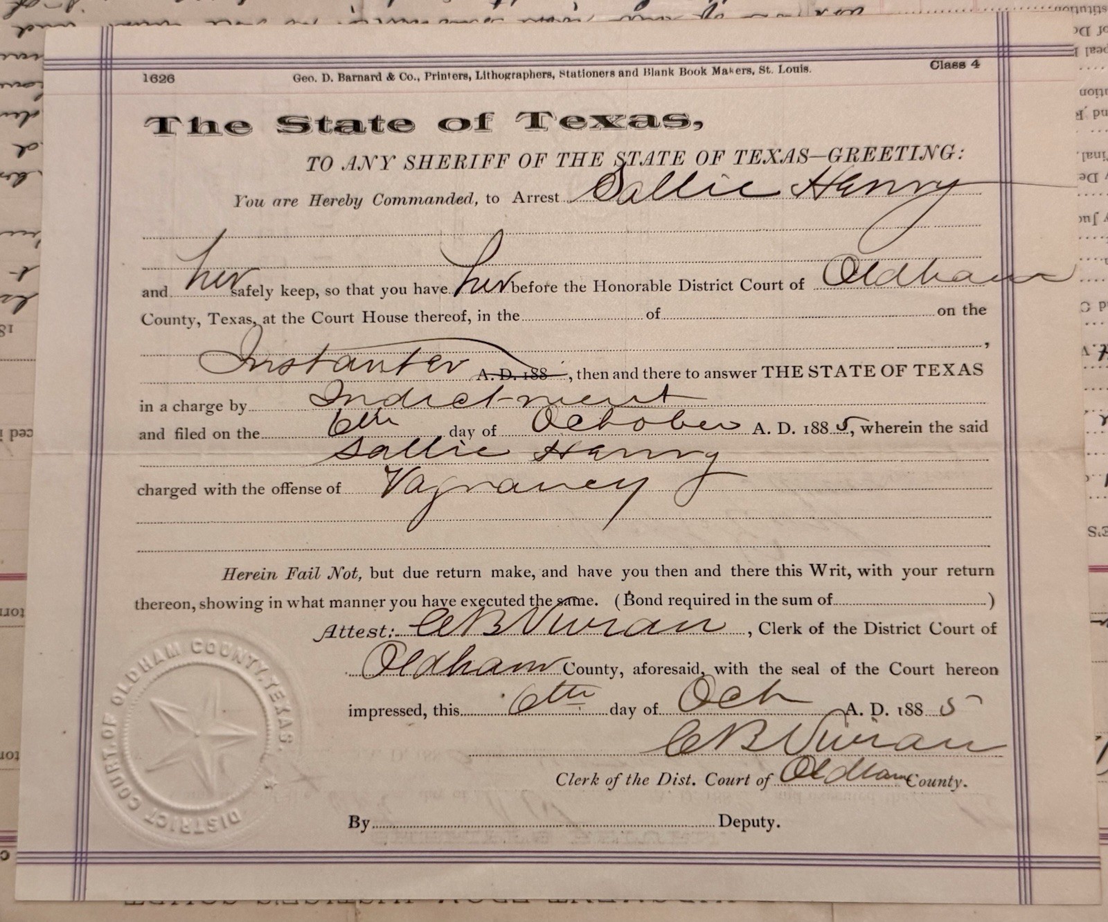 1885 El Paso Texas Arrest Warrant For Vagrancy Prostitution Tx Sallie Henry