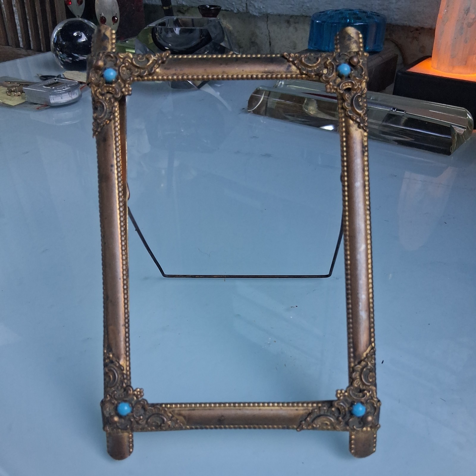 Antique French Gilt Bronze Floral Photo Frame w Easel 