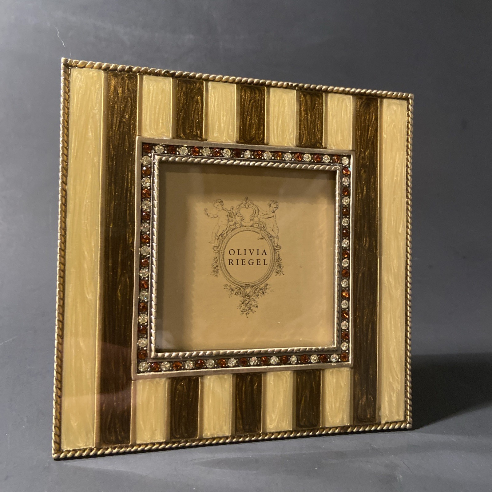 Olivia Riegel Photo Frame 3x3 Gold/Brown Striped Hand Enameling Amber Crystal