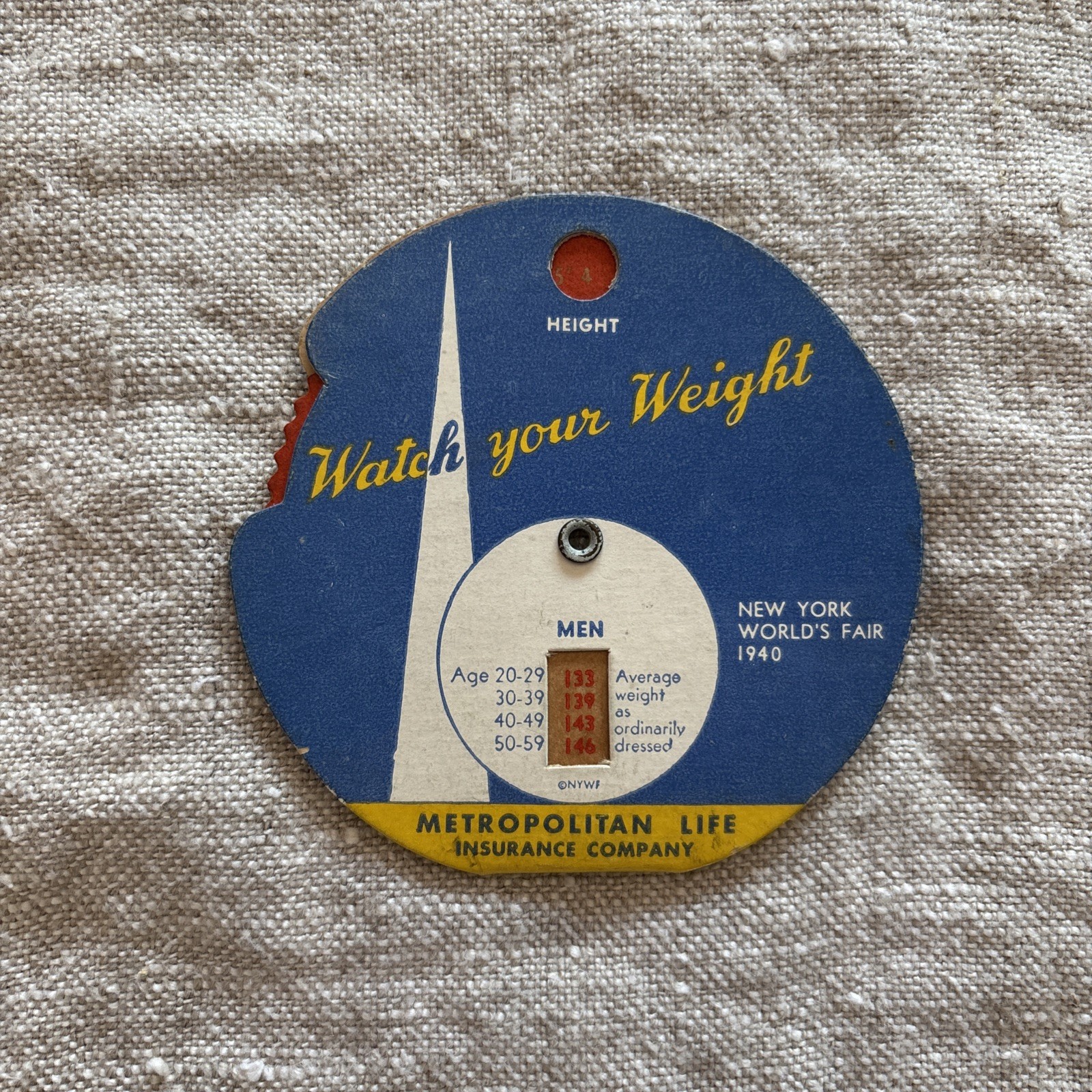 Vtg 1939/40 New York World’s Fair Watch Your Weight Tracker Metropolitan Life
