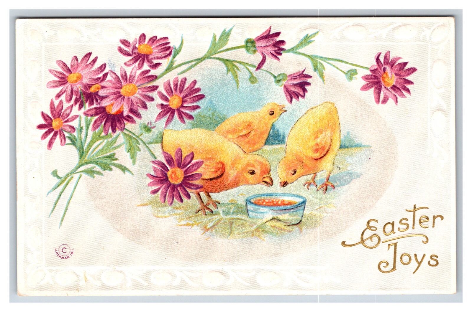 Easter Joys Baby Chicks Flowers  Embossed UNP DB Postcard  H27