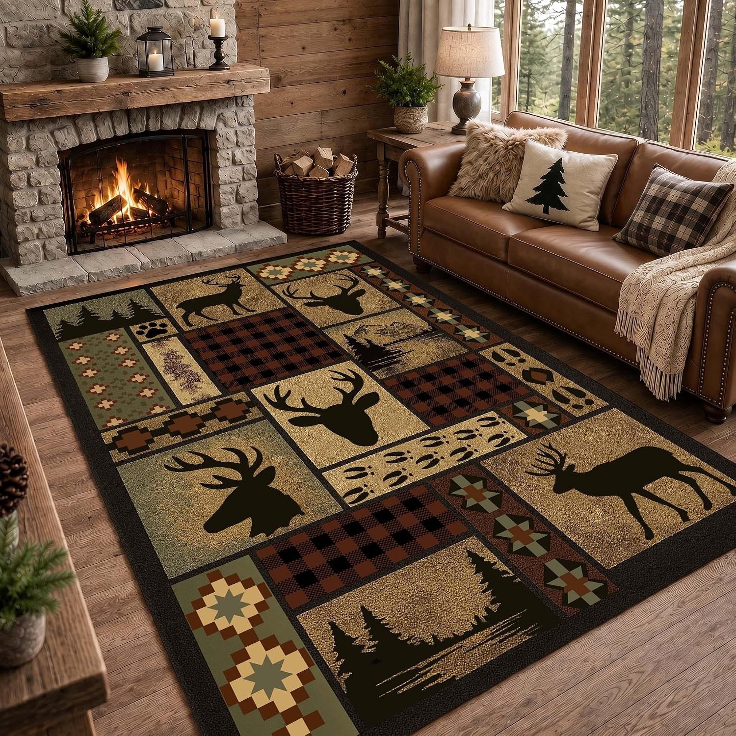Rustic Cabin Area Rug 5'x8' for Wildlife Lovers, Deer Buffalo Plaid Lodge Design