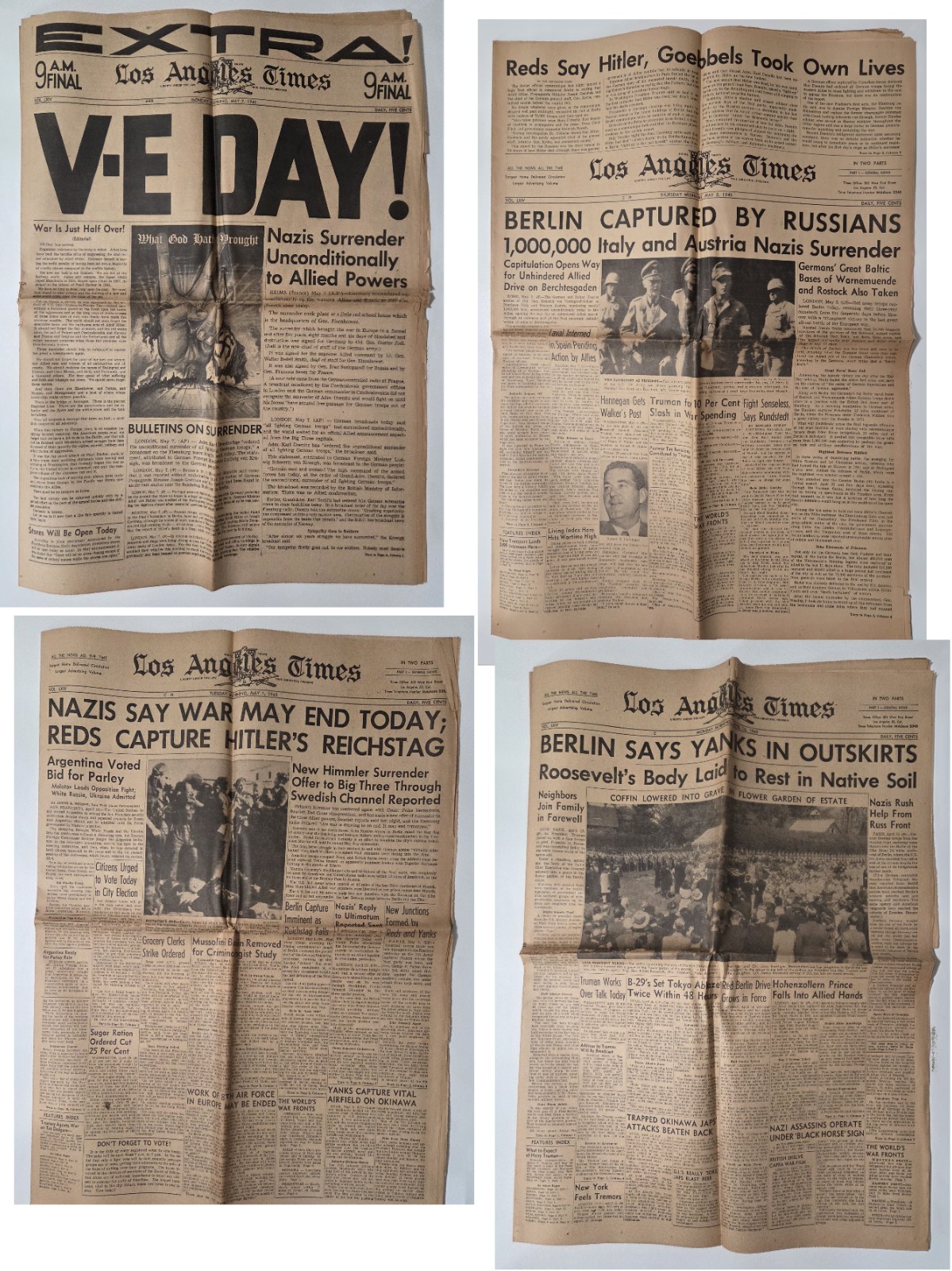 V-E Day WWII Newspaper Lot | Los Angeles Times | May 7 1945 | 4 Issues