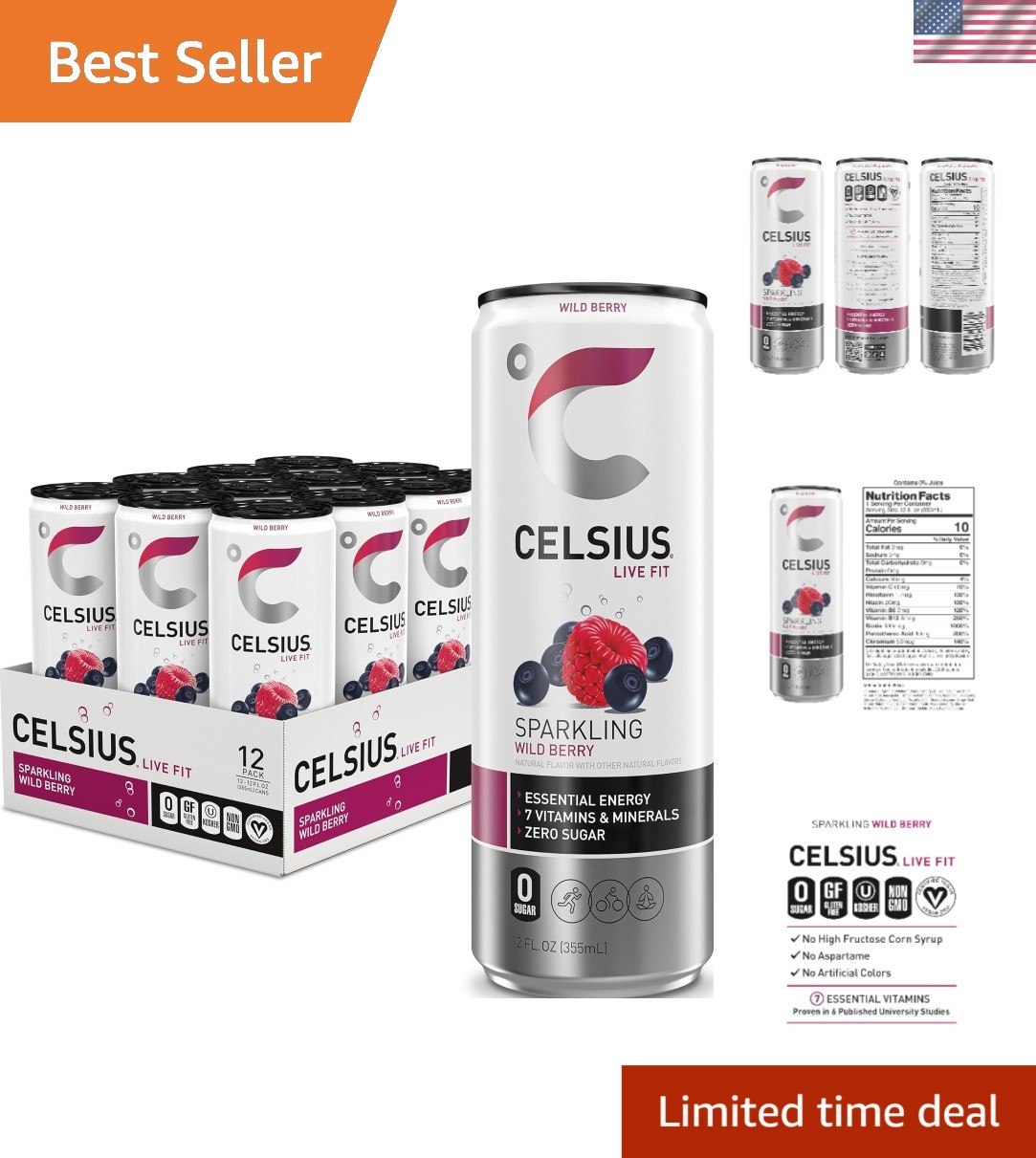 12 Cans of Sparkling Wild Berry Energy Drink - Sugar-Free & Loaded with Vitamins