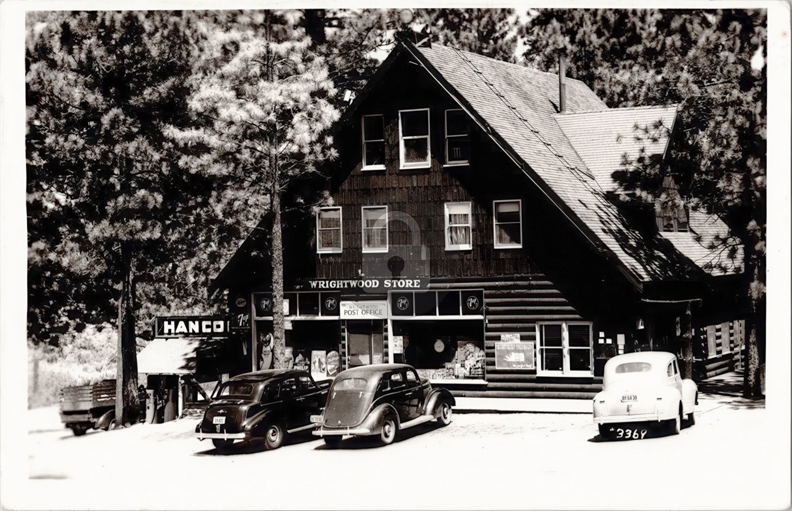 c1940 Wrightwood Post Office Hanco Cars San Bernardino CA CA RPPC Postcard COPY