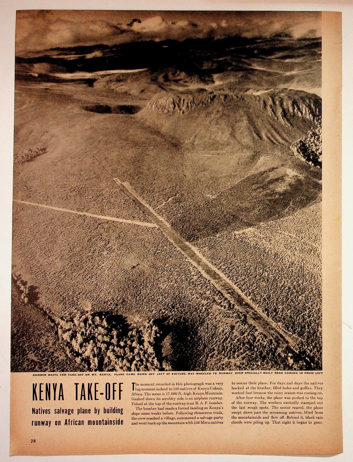 Kenya Take-Off R.A.F. Bomber Mt. Kenya African Natives Salvage Runway Print