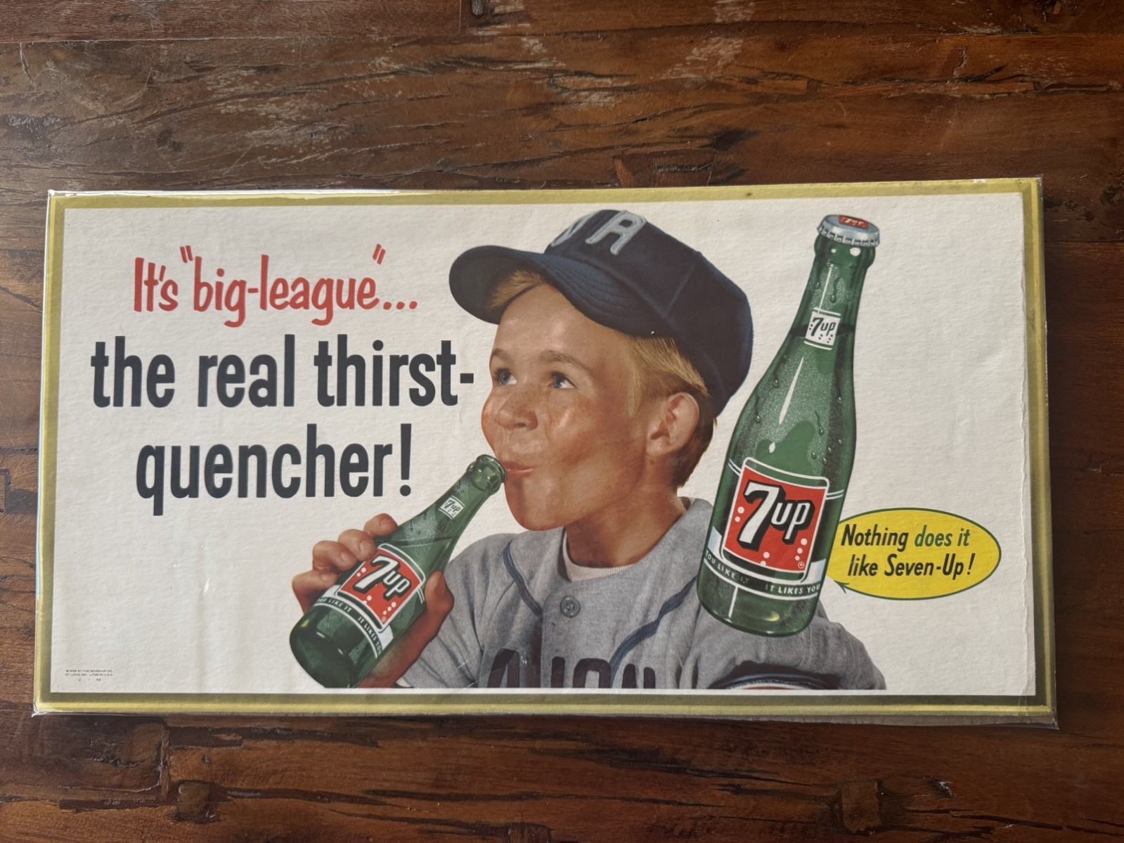 1956 Vintage 7-Up Soda Cardboard Advertising Sign - Baseball Boy - 11