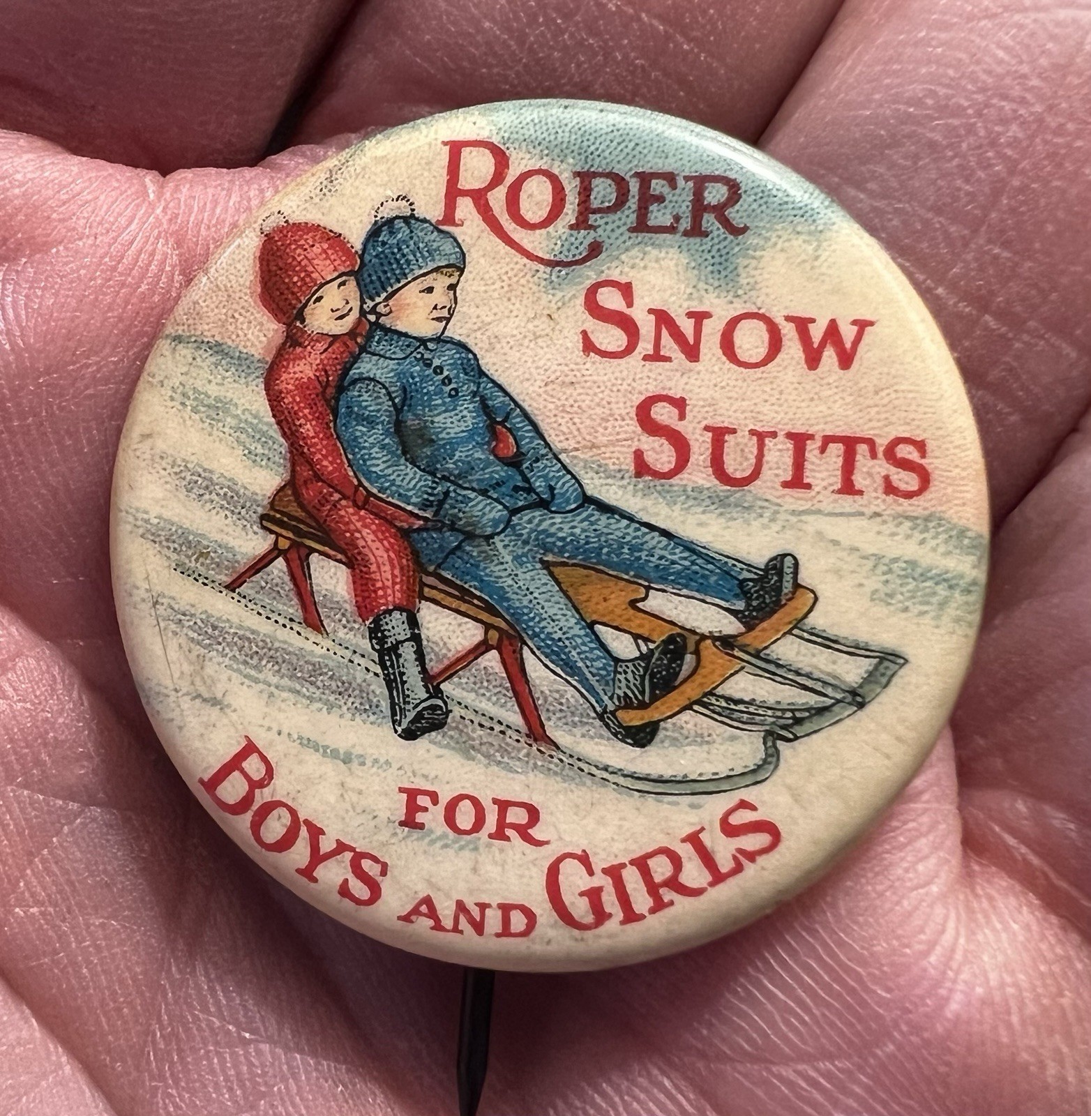 Rare Early ROPER SNOW SUITS Celluloid Button * EX*