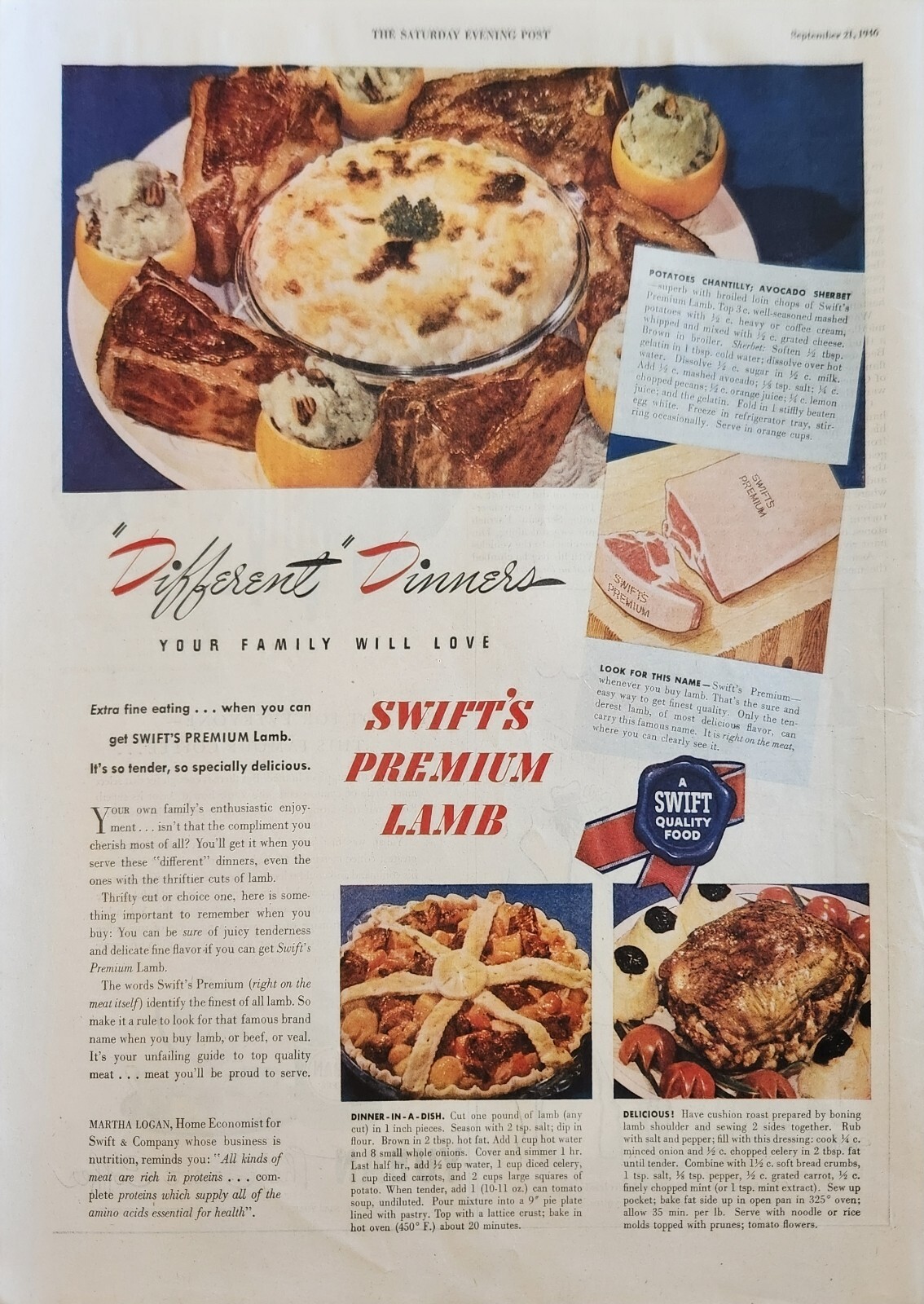 1946 SwiftS Premium Lamb VINTAGE AD Different Dinners