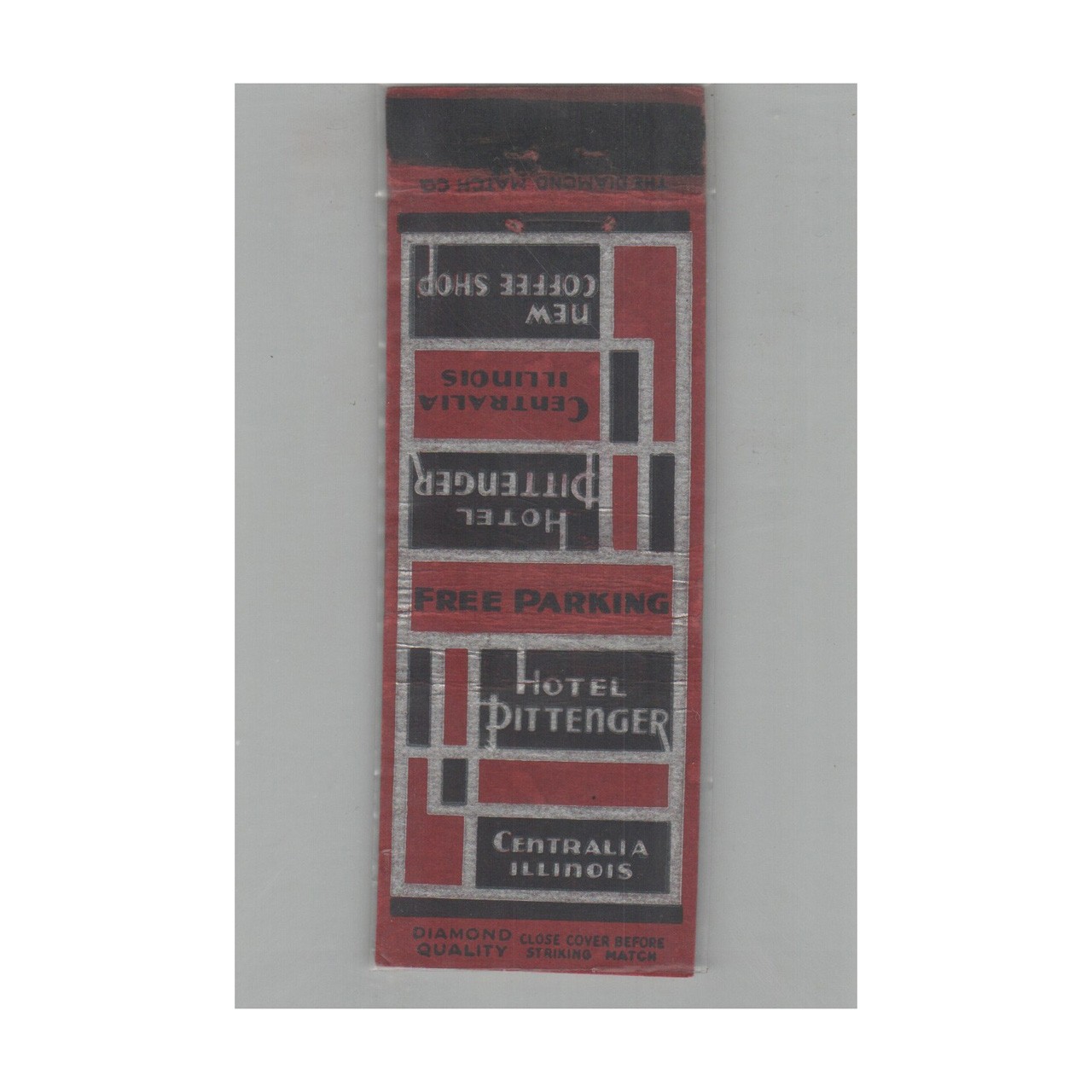 1920s-1930s Diamond Quality Matchbook Cover Hotel Pittinger Centralia IL