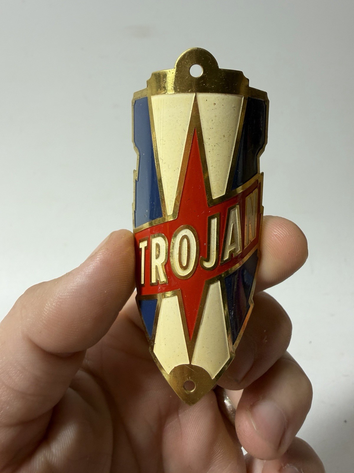 Vintage TROJAN Bicycle Head Badge Emblem Tag Sign Art Deco Starburst Design