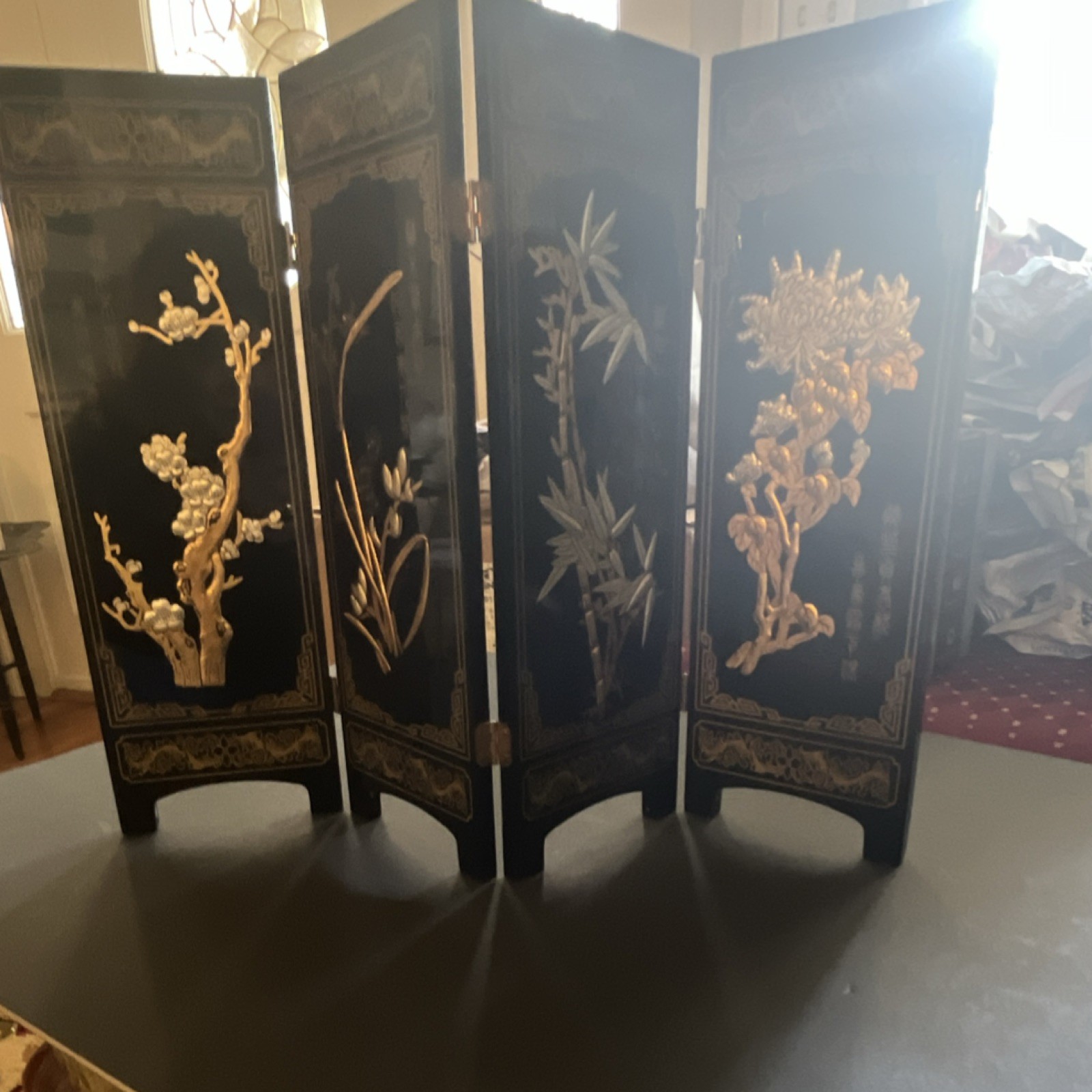 Asian Style Black & Gold 4-Panel Double-Sided Wood  table top screen