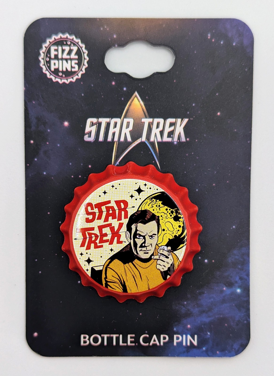 RARE Star Trek Captain Kirk Bottle Cap Enamel Pin Shatner Retro Art Enterprise