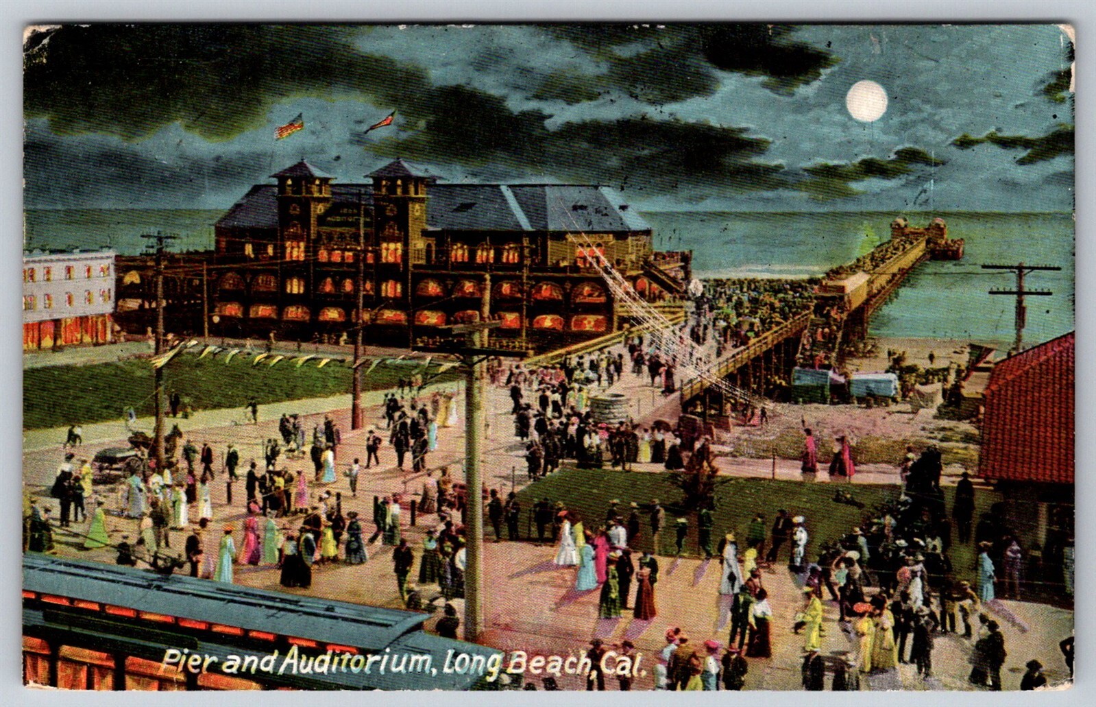 Long Beach California DB Postcard Pier And Auditorium Moonlight Panama Pacific