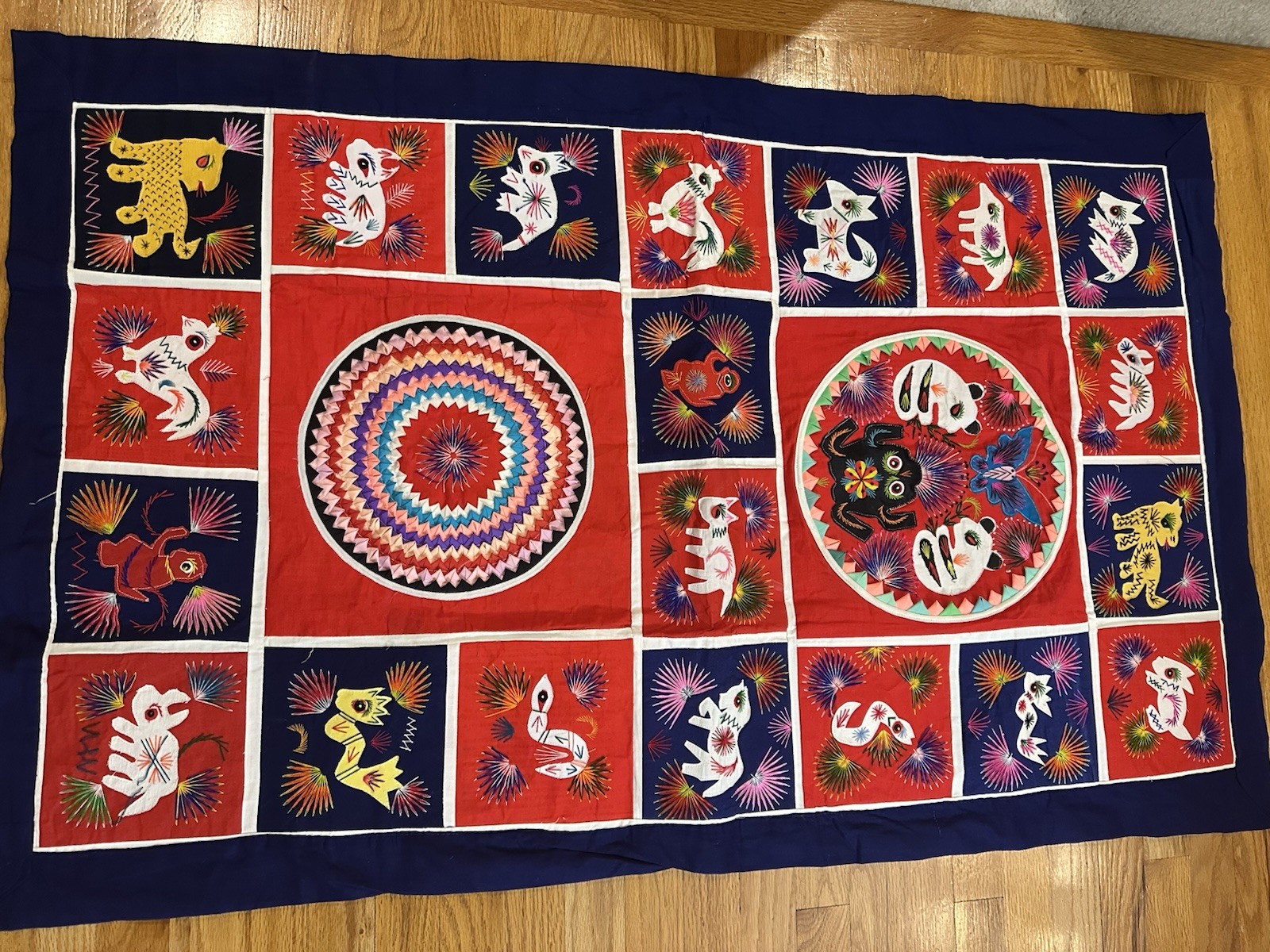 Vtg  Two Sided Chinese Wallhanging 50”x32” Colorful Geometric Animal Pattern