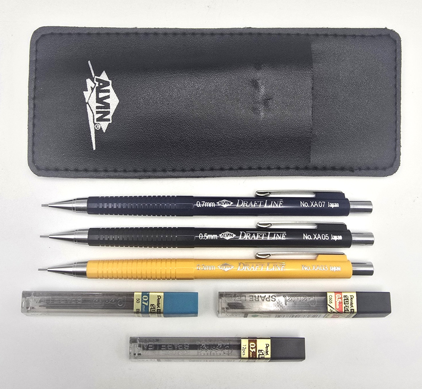 Vtg Alvin Draft Matic Mechanical Pencil Set XA03, XA05, XA07 w Case, Lead, Japan