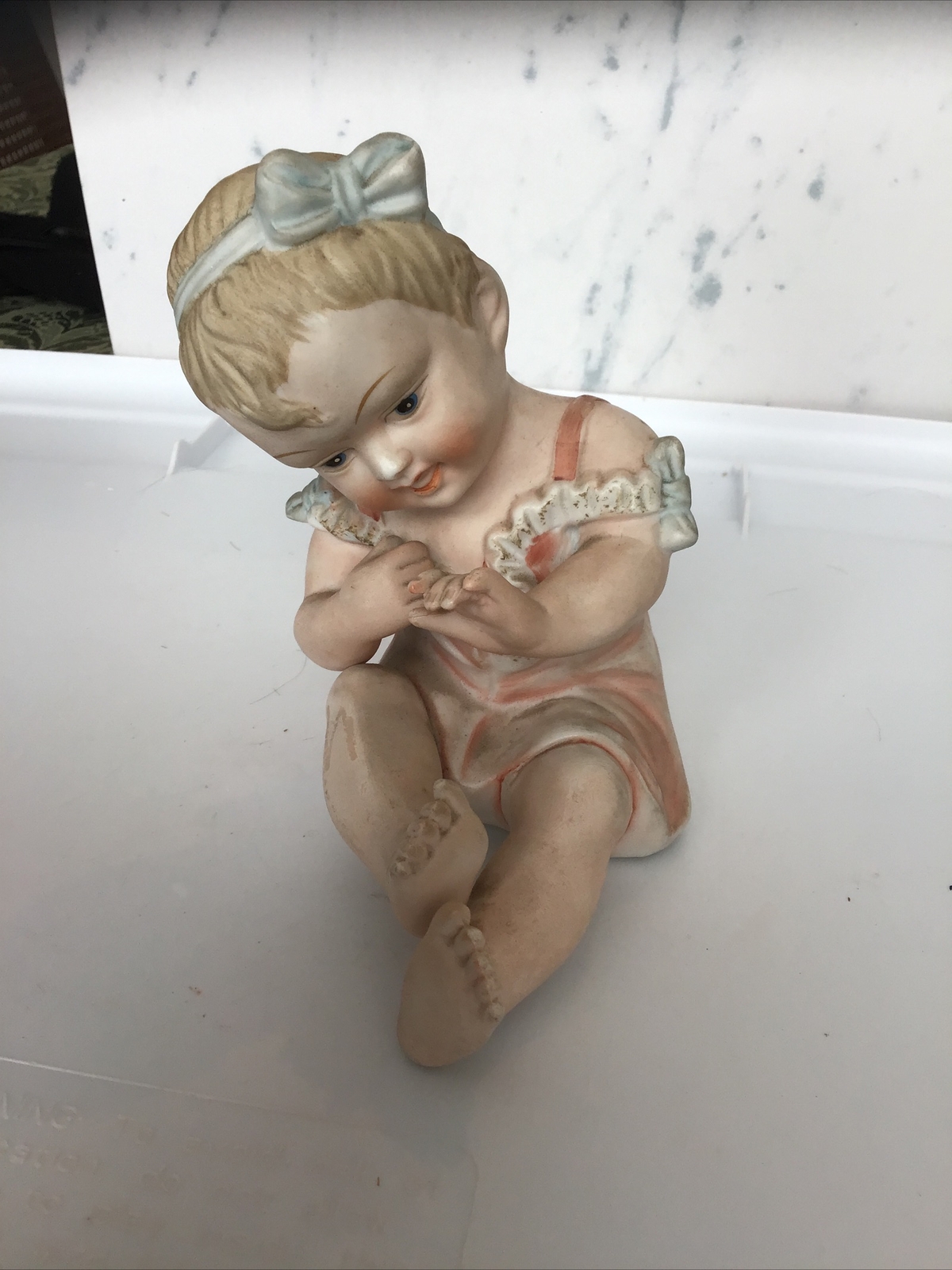 Vint./Antique Bisque Porcelain Piano Baby Girl Red Dress Blue Bow  #113 Germany?