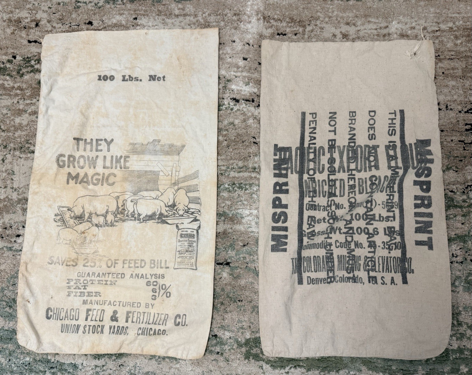 Vintage Cloth Feed Sacks x 2 Chicago Feed & Fertilizer Co. and a Misprint