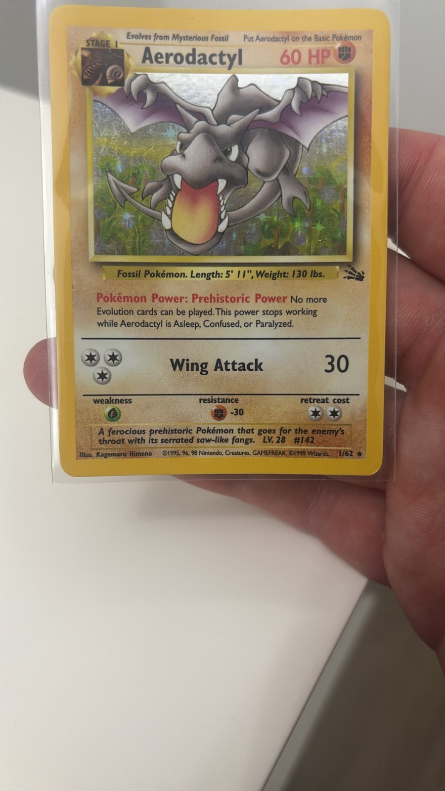1999 Pokémon Fossil Aerodactyl 1/62 Holo Rare Unlimited WOTC Card