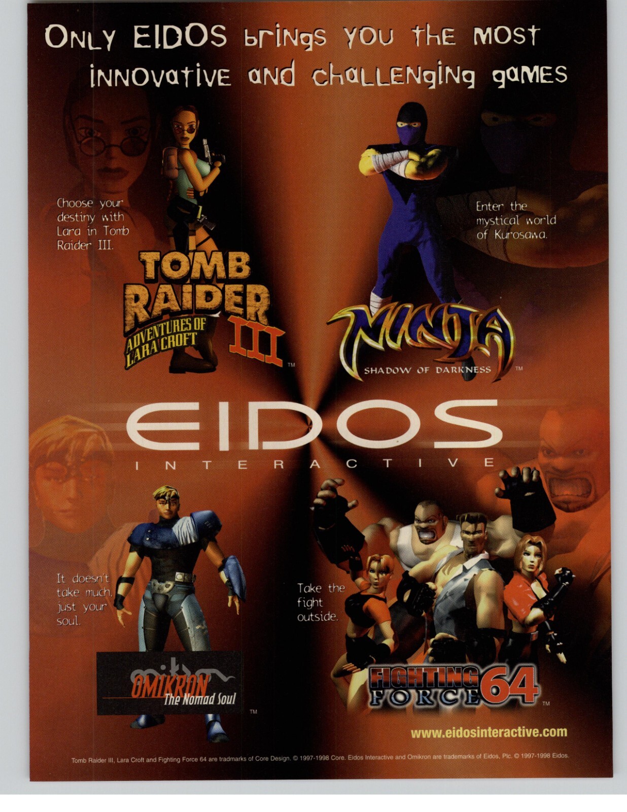 Eidos Interactive Tomb Raider 3 Fighting Force 64 Game Art 1998 Vintage Print Ad