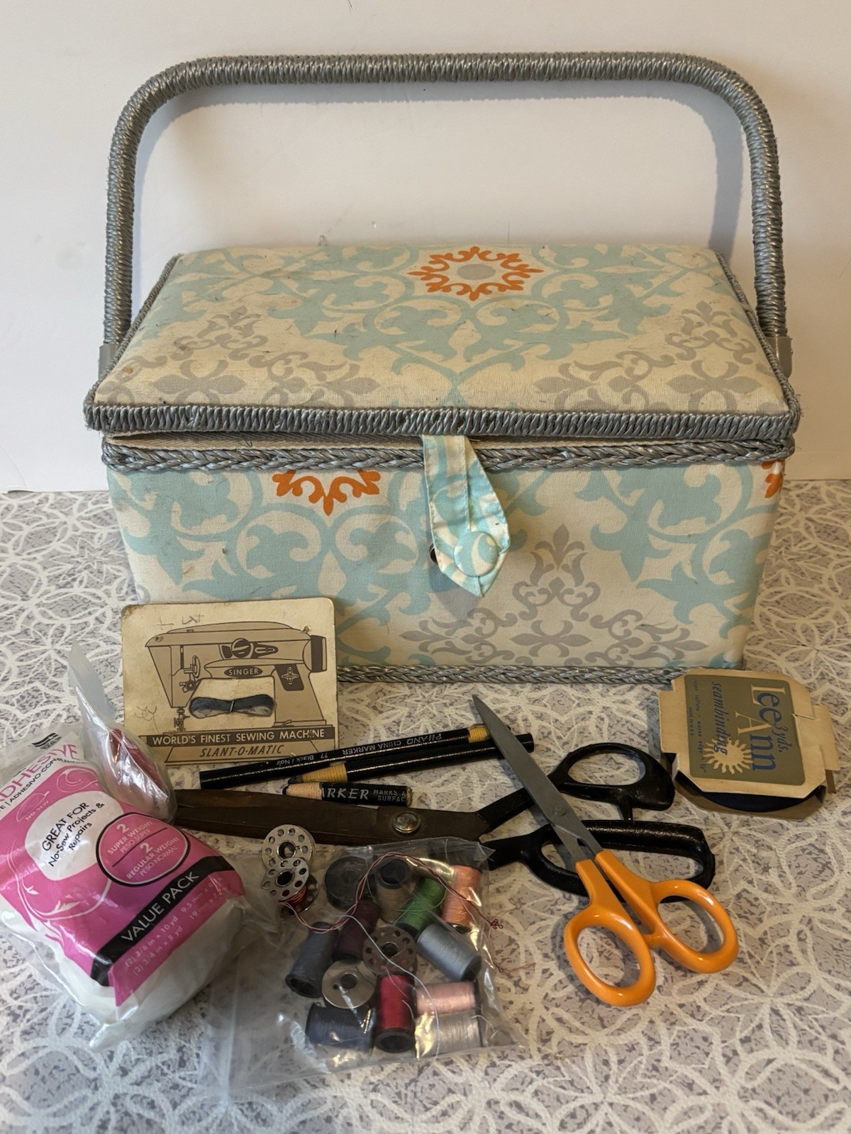 Grandma’s Sewing Box Notion Lot Thread Zipper Shears Hem Adhesive More